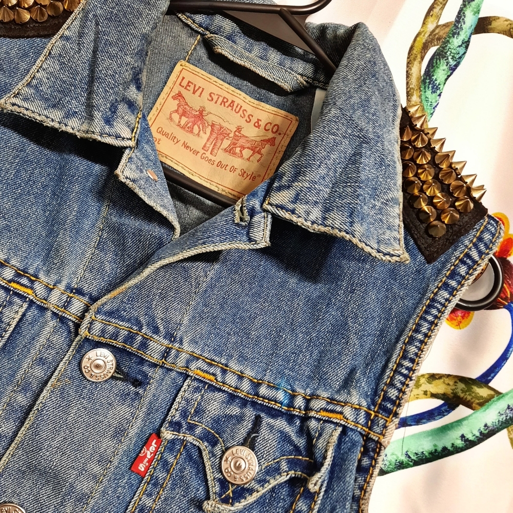 Levi's Blue Denim Vest with Brown Studded Accents